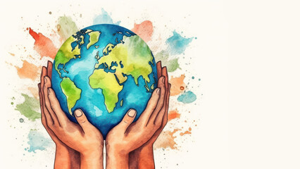 Wall Mural - Hands protecting the world illustration in water color style background. Earth day concept. Generative ai.