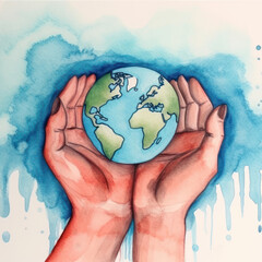 Wall Mural - Hands protecting the world illustration in water color style background. Earth day concept. Generative ai.
