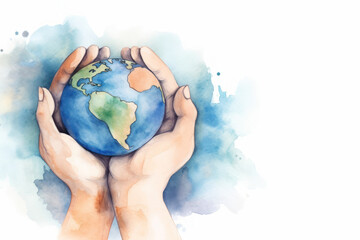 Wall Mural - Hands protecting the world illustration in water color style background. Earth day concept. Generative ai.
