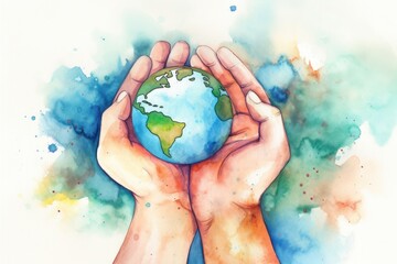 Wall Mural - Hands protecting the world illustration in water color style background. Earth day concept. Generative ai.