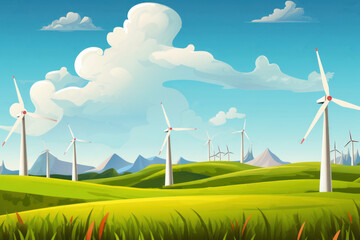 Wall Mural - Wind turbine on grass field landscape. World environment and earth day concept. Generative ai.
