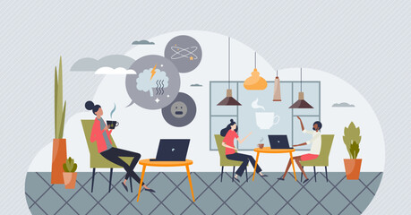 Wall Mural - Benefits and challenges of remote work time management tiny person concept. Working from cafe as flexible and freelance job vector illustration. Frustration and stress from lack of ability to focus.