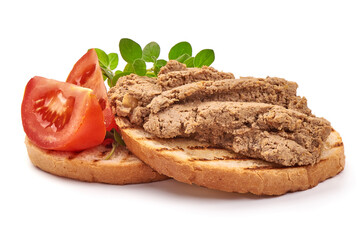 Wall Mural - Liver pate sandwich, close-up, isolated on white background.