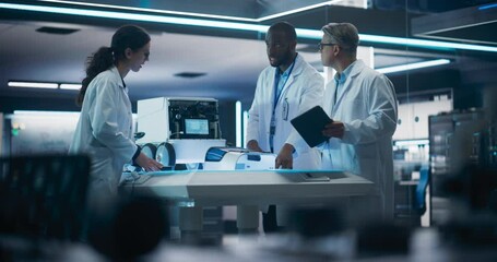 Poster - Diverse Team of Industrial Robotics Specialists Gathered Around a Table With a Mobile Robot. Engineers In Lab Coats Discussing an Automated Robotic Delivery Assistant with Artificial Intelligence