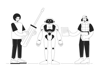 Poster - building humanoid robot black and white concept vector spot illustration. editable 2d flat monochrom