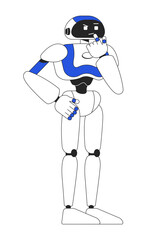 Fototapete - Humanoid robot in thinking pose linear flat color vector character. Editable figure. Full body machine on white. Thin line cartoon style spot illustration for web graphic design and animation