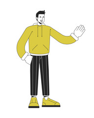 Poster - Confident stylish man waving hand flat linear duo color vector character. Editable figure. Full body person on white. Thin line duotone cartoon spot illustration for web graphic design and animation