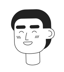 Poster - Happy short haired man with closed eyes monochromatic flat vector character head. Black white avatar icon. Editable cartoon user portrait. Lineart spot illustration for web graphic design, animation