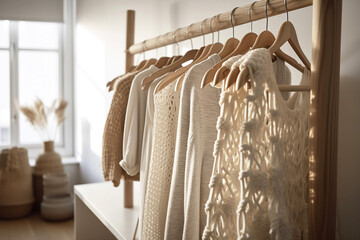 Rack with earth colored clothing made from natural material.