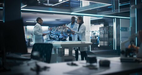 Poster - Smart Team of Engineers, Project Manager and Machinery Operators Collaborate on a New Type of a Electric Turbine Engine, Standing with Tablet and Laptop Computers in Scientific Technology Lab