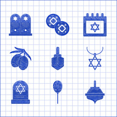 Poster - Set Hanukkah dreidel, Balloons with ribbon with star of david, Star David necklace chain, Tombstone, Olives branch, Jewish calendar and icon. Vector