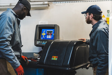 two professional mechanics balancing a car wheel with balancing machinery at auto repair garage, medium shot. High quality photo