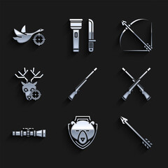 Poster - Set Hunting gun, Bear head on shield, Hipster arrow, Two crossed shotguns, Sniper optical sight, deer with crosshairs, Bow and quiver and duck icon. Vector