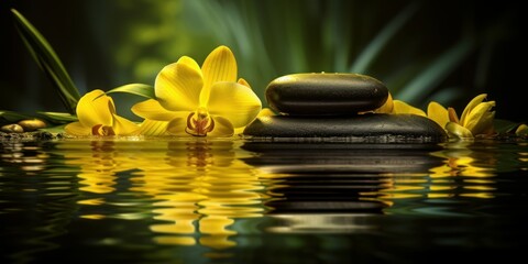 yellow orchids with stones and water, spa and massage background, generative ai