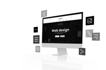 Poster - Flat black and white web design studio page layout on modern computer display with flying page layout modules concept