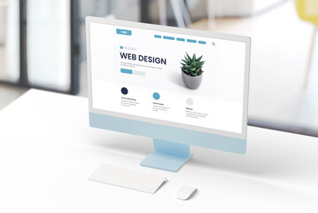 Poster - Modern computer display on an office desk with a web design studio concept page. Web design company presentation