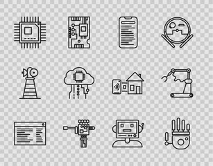 Poster - set line software, mechanical robot hand, computer api interface, screwdriver, processor with microc