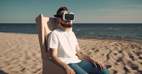 man in VR glasses or a virtual reality headset is relaxed sitting in an armchair on the beach by the sea. Generative AI