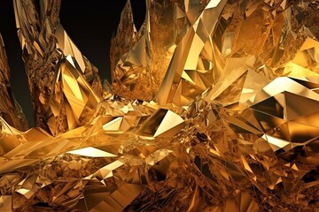 3d render, abstract gold crystal background, faceted texture, macro panorama, wide panoramic polygonal wallpaper, Generative AI