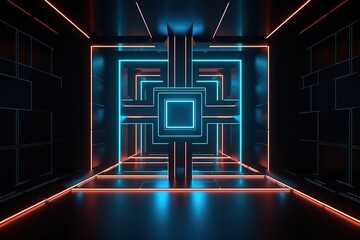 3d render, abstract modern minimal background with neon cross symbols glowing in the dark. Empty stage with frame for product presentation, Generative AI
