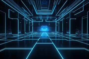 3d render, abstract neon background with fluorescent line lamps glowing with blue light. Empty studio stage for performance show, Generative AI.