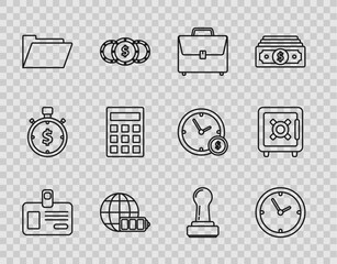 Poster - Set line Identification badge, Clock, Briefcase, Battery charge level indicator with earth globe, Document folder, Calculator, Stamp and Safe icon. Vector