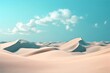 © Parvez - 3d render, abstract simple panoramic background. Desert landscape with sand dunes under the blue sky with white clouds. Modern minimal aesthetic wallpaper, Generative AI