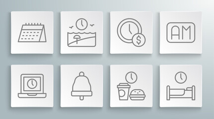 Sticker - Set line Laptop time, Vacation, Ringing bell, Fast food, Time sleep, is money, Morning and Calendar icon. Vector