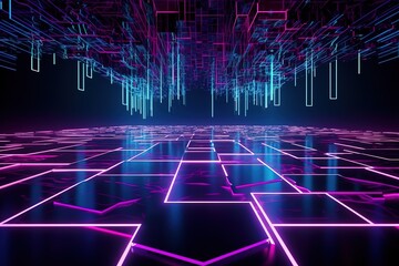 3d render, pink blue neon abstract background with glowing lines, polygonal shapes, ultraviolet light, laser show performance stage with floor reflection, Generative AI