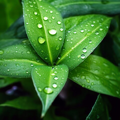 Green leaf with drops of water