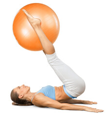 Wall Mural - Young woman training with Fitness Ball on white background