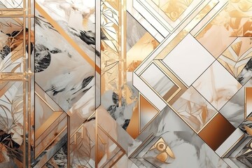 Abstract geometric background with marble mosaic inlay. Mixed wall tiles with artificial stone textures and shiny metallic foil. Modern wallpaper, Generative AI