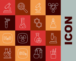 Sticker - Set line Laboratory glassware, Microscope, Alcohol spirit burner, Test tube, and Molecule icon. Vector