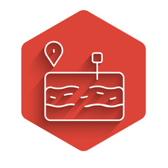 Poster - White line Broken road icon isolated with long shadow. Red hexagon button. Vector