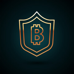 Poster - Gold line Shield with bitcoin icon isolated on dark blue background. Cryptocurrency mining, blockchain technology, security, protect, digital money. Vector