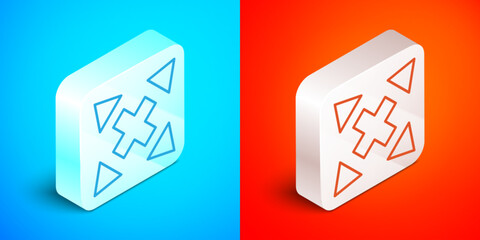 Poster - Isometric line Many ways directional arrow icon isolated on blue and red background. Silver square button. Vector