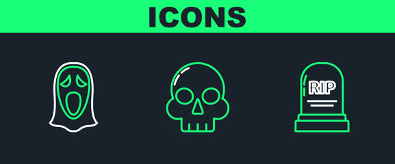 Poster - Set line Tombstone with RIP, Funny and scary ghost mask for Halloween and Skull icon. Vector