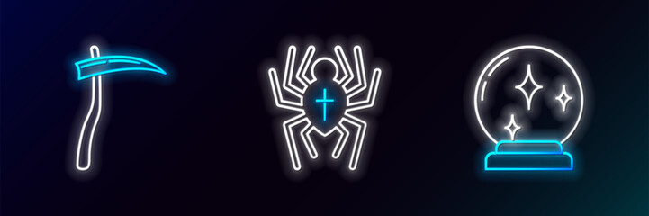 Poster - Set line Magic ball, Scythe and Spider icon. Glowing neon. Vector