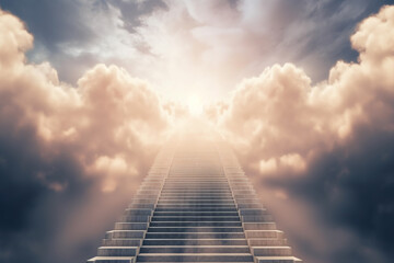 Stairs to heaven visualization. Stone stairs going up to the cloudy sky visualization. Bright light visible in clouds representing heaven. Generative AI
