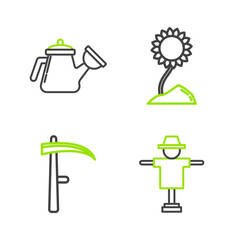 Sticker - Set line Scarecrow, Scythe, Sunflower and Watering can icon. Vector