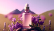 Transparent bottle surrounded with lavender for a beauty product showcase and presentation. AI generated illustration for a fragrance display with fresh and stylish background scene