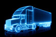 Neon outlined truck. Lorry blueprint in 3d perspective. Ai generative illustration with holographic cargo truck vehicle on dark background