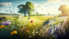 Beautiful Wildflower Meadow Landscape Illustration. Sunny Countryside Garden, Field With Herbs, Grass And Flowers In Summer. Ai Generated Meadow Flowers Background