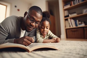 Cheerful little afro child hugging his African American dad and reading book at home in modern interior. Concept of Father's Day. Family day. Generated Ai. 