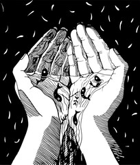  Fishes In The Hands Or Palms Together. Black Inked Art Illustration