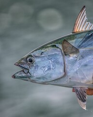 Poster - Closeup shot of a False Albacore with the shiny scale and a hand of a fisherman holding it