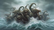 Hydra Heads Emerging from Stormy Sea, Menacing Expressions, Digital Illustration, generative AI
