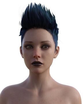 Portrait belle magnifique femme aux cheveux bleus, regard droit et calme, rendu 3D, texture haute qualité, parfait pour création artistique, version png avec fond transparent, rendu 3D HDR