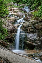 Sticker - a tall waterfall running through a forest filled with green trees