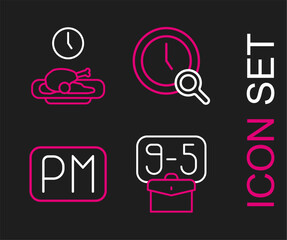 Poster - Set line From 9, Day time, Magnifying glass with clock and Food icon. Vector